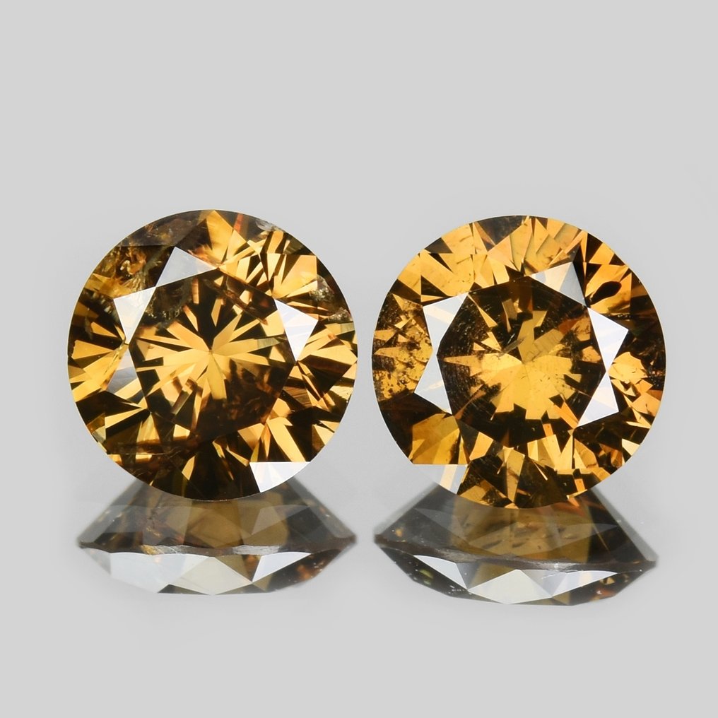 2 pcs Διαμάντι (Φυσικού χρώματος) - 0.94 ct - Στρογγυλό - Fancy deep Κιτρινωπό Καφέ, Κίτρινο - I1, I2 - Antwerp Laboratory for Gemstone Testing (ALGT) #1.0