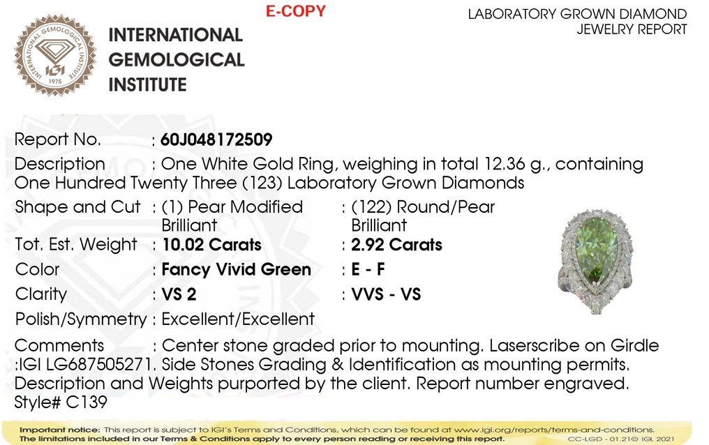 Ring - 14 kt. White gold - 12.94ct. tw. Green Diamond (Fancy coloured lab-grown diamond) - Diamond #4.3