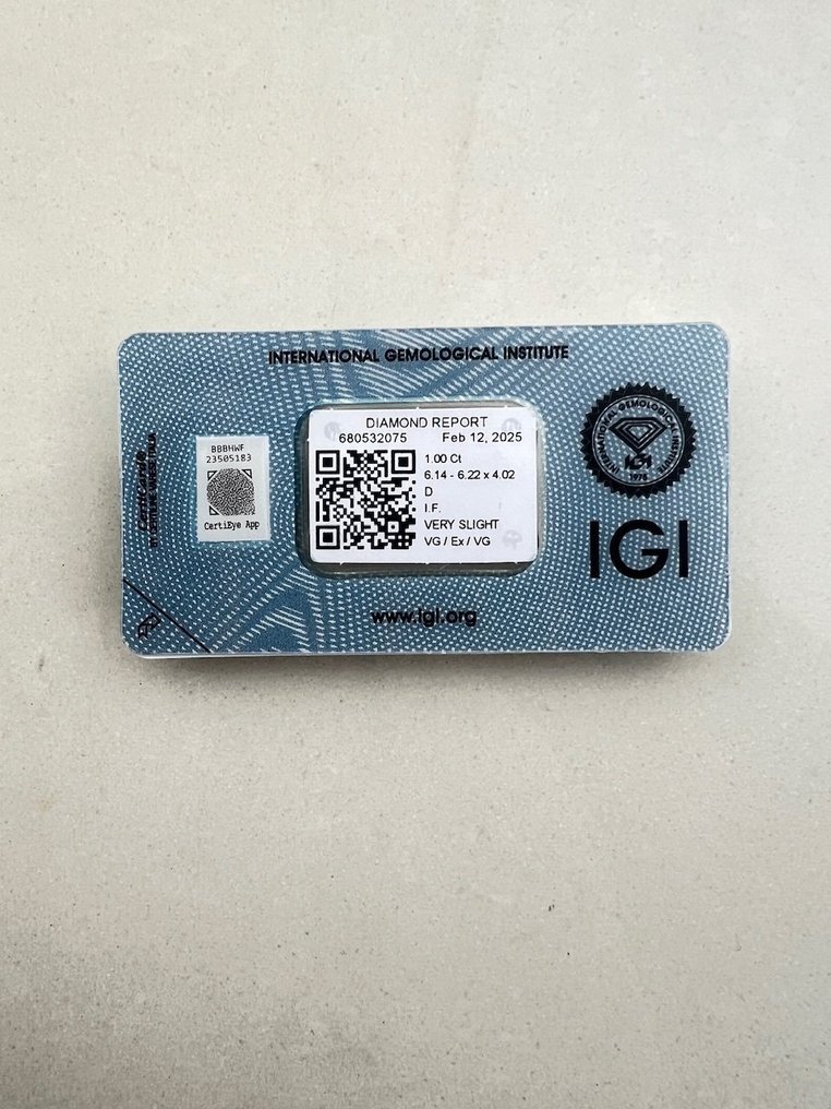 Fără preț de rezervă - 1 pcs Diamant (Natural) - 1.00 ct - Rotund - D (fără culoare) - IF - IGI (Institutul gemologic internațional) #3.2