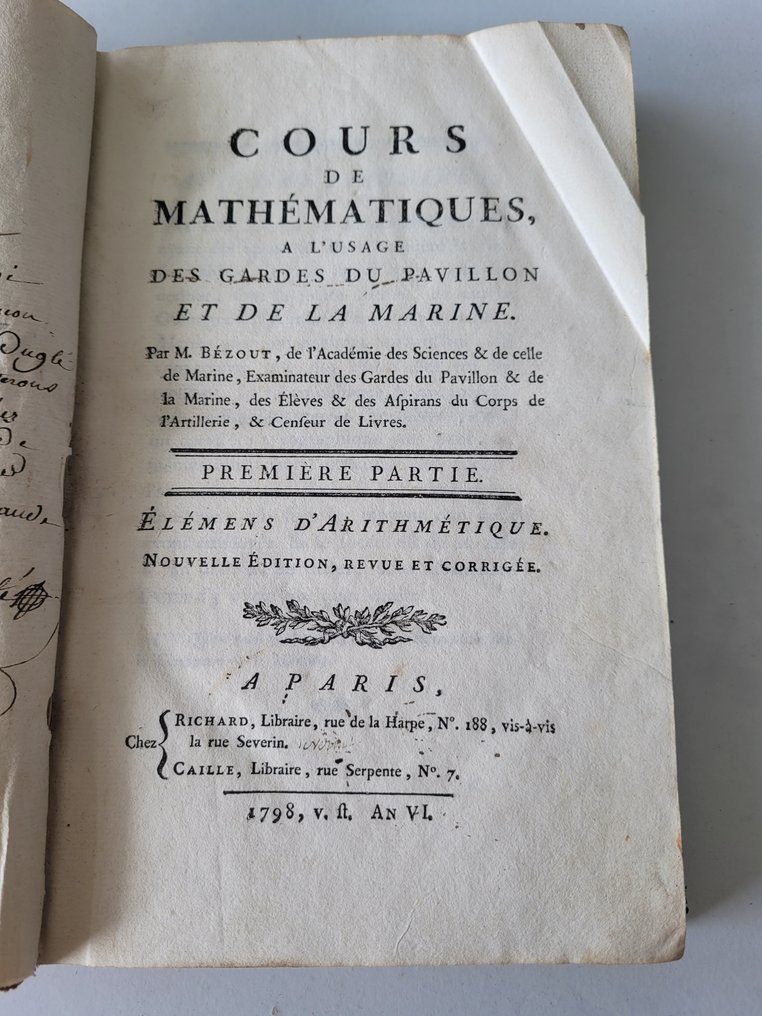 M. Bézout - Cours de Mathématiques, à l'usage des Gardes du Pavillon et de la Marine - 1798 #1.0