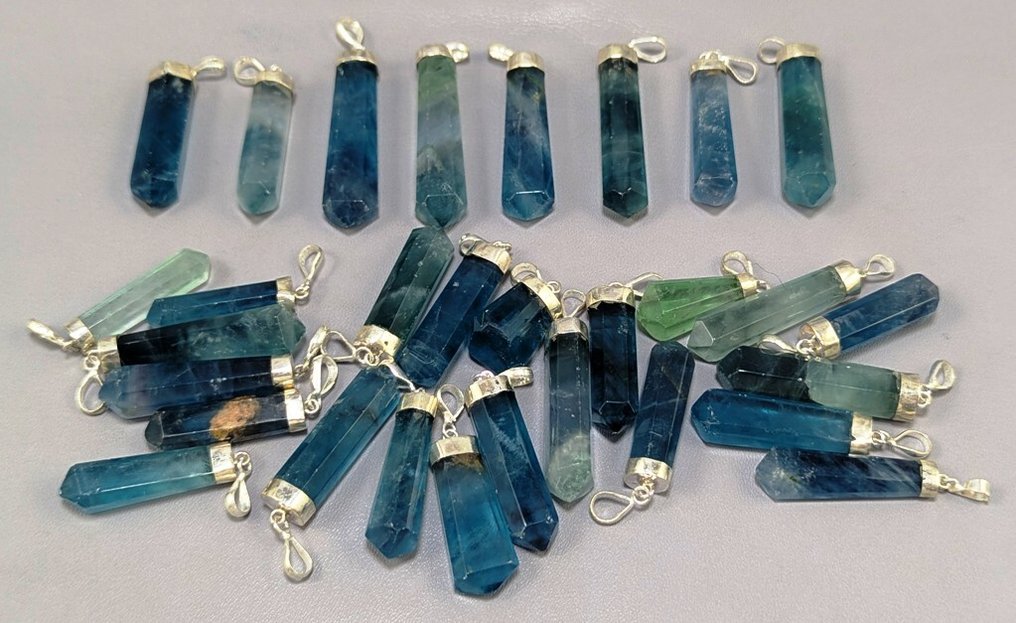 Fluorite Natural Crystal Pendants with Silver - Height: 41 mm - Width: 10 mm- 144 g - (30) #1.0