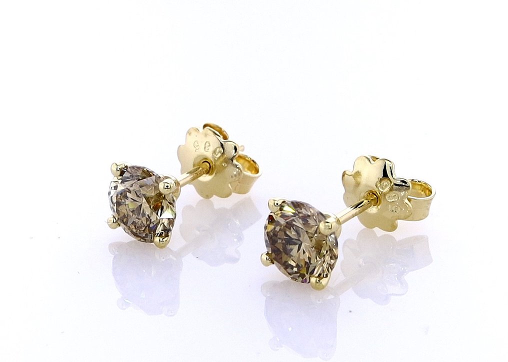 小型钉状耳环 - 14K包金 黄金 -  2.04ct. tw. 钻石 (天然色彩的) #2.1