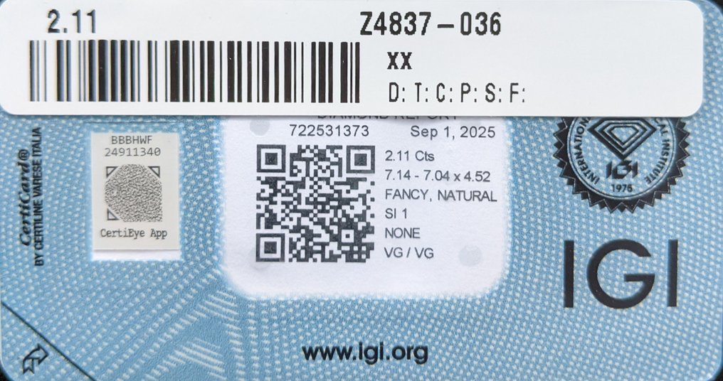 1 pcs Diamond (Natural coloured) - 2.11 ct - Cushion - Fancy Greenish, Greyish Yellow - SI1 - International Gemological Institute (IGI) #3.2