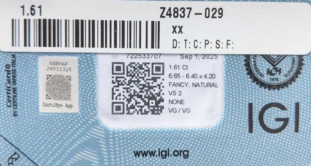 1 pcs Διαμάντι  (Φυσικού χρώματος)  - 1.61 ct - Κούσιον - Fancy Κίτρινο - VS2 - International Gemological Institute (IGI) #3.2