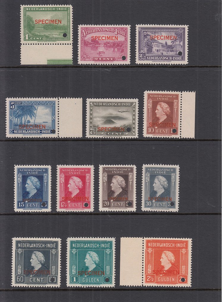 Dutch East Indies 1945 - Landscape and Queen Wilhelmina, with overprint SPECIMEN and hole punch. - NVPH 304/316 #1.0