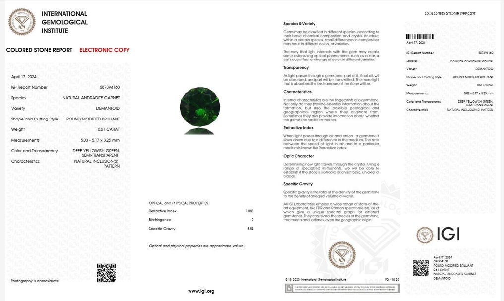 1 pcs  黄色, 绿色 翠榴石  - 0.61 ct - 国际宝石研究院（IGI） - 马尾-俄罗斯的 #3.2