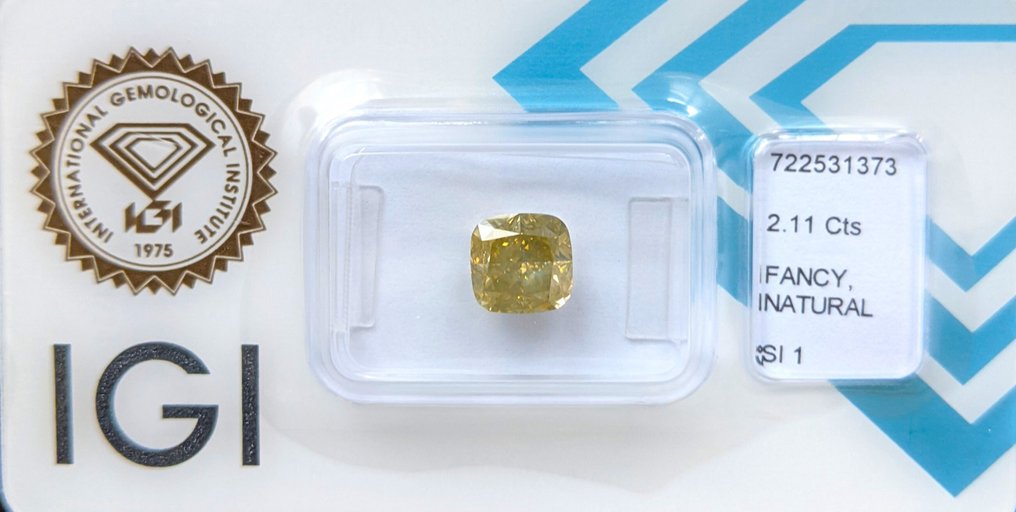 1 pcs Diamond (Natural coloured) - 2.11 ct - Cushion - Fancy Greenish, Greyish Yellow - SI1 - International Gemological Institute (IGI) #2.1