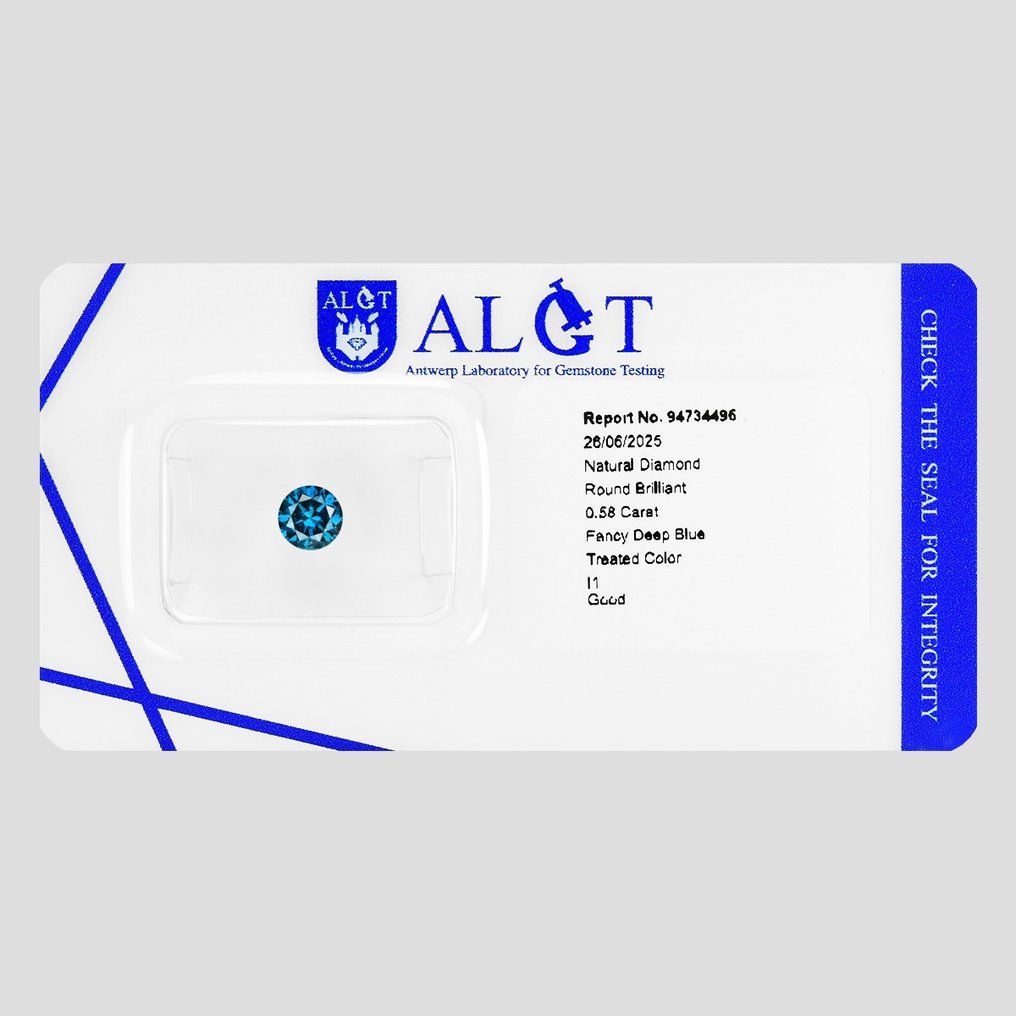 1 pcs Timantti (Värikäsitelty) - 0.58 ct - Pyöreä - Fancy deep Sininen - I1 - Antwerpenin jalokivitestauksen laboratorio (ALGT) #2.1