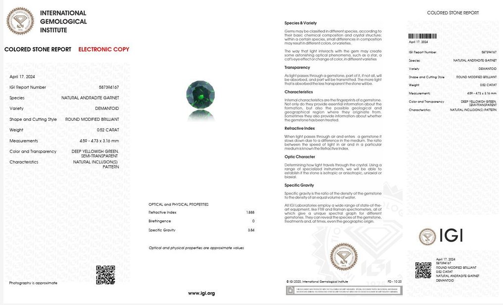 1 pcs  绿色, 黄色 翠榴石  - 0.52 ct - 国际宝石研究院（IGI） - 马尾-俄罗斯的 #3.2
