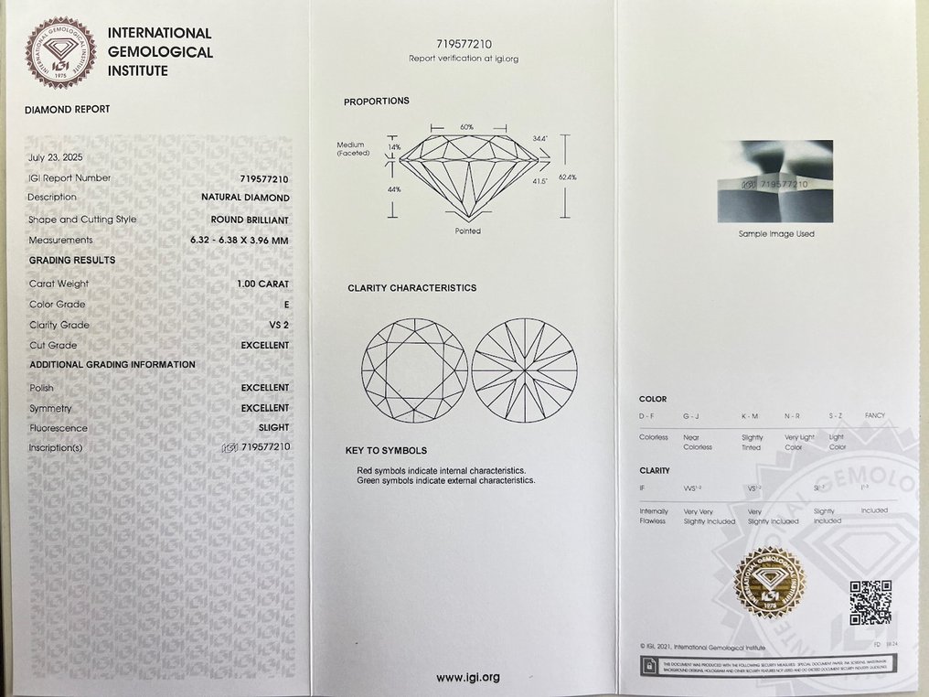没有保留价 - 1 pcs 钻石 (天然) - 1.00 ct - 圆形 - E - VS2 轻微内含二级 - 国际宝石研究院(IGI) #3.2
