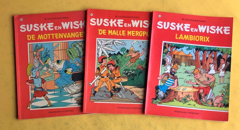 Suske en Wiske -142. De mottenvanger / 143. De malle mergpijp / 144. Lambiorix - Inclusief rebusblad + sticker. - 3 Album - First edition - 1973 #1.0