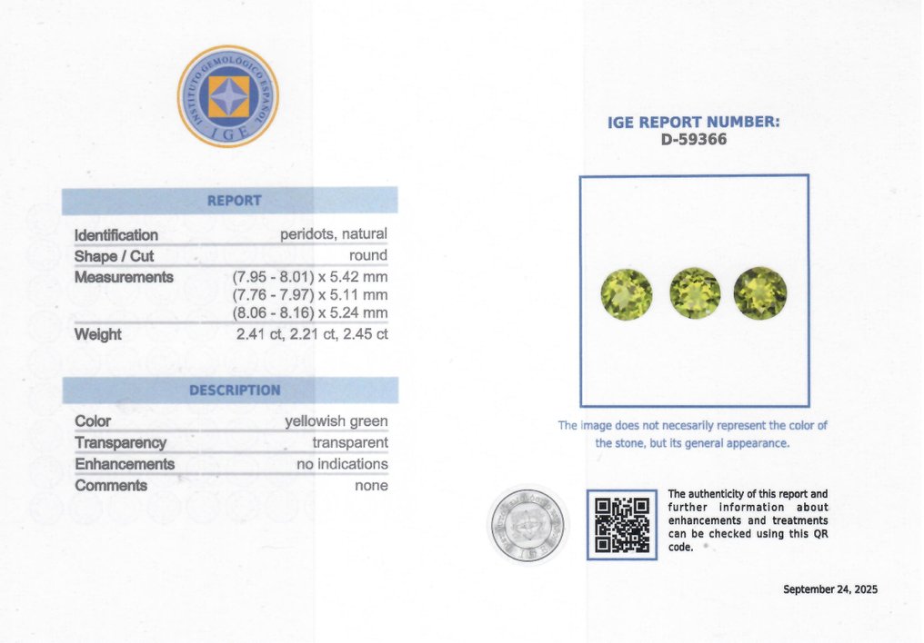 3 pcs Green Peridot - 7.07 ct - Instituto Gemólogico Español (IGE) - Without treatments #2.1