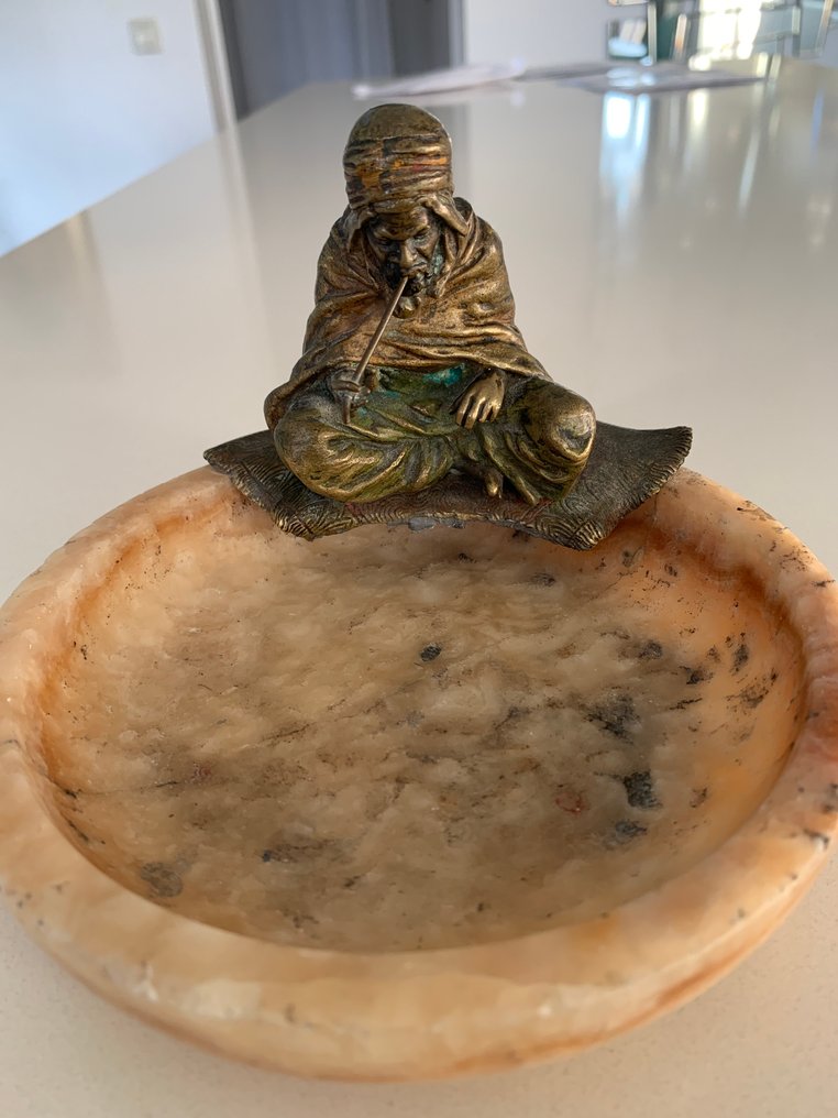 放零碎杂物的盒子 - 大理石与青铜 - 法国 - 阿拉伯男性人物抽烟 - 纸币收集盒 - 维也纳铜风格 - 东方主义 #1.0