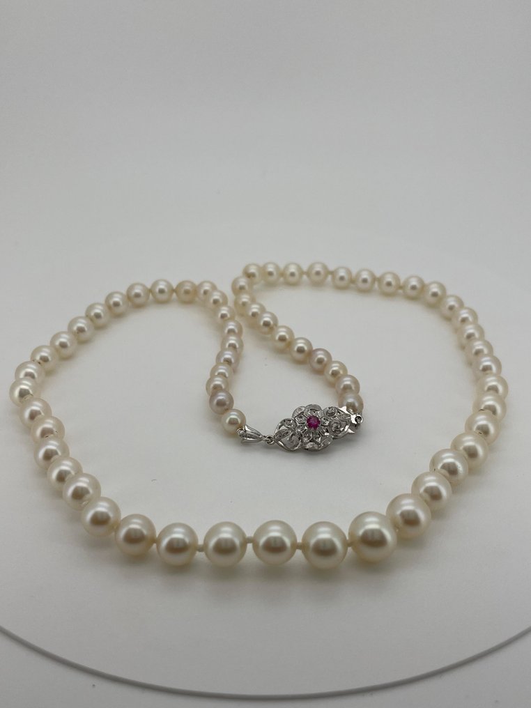 頸鏈 - 18 克拉 白金 珍珠 - 紅寶石 #1.0