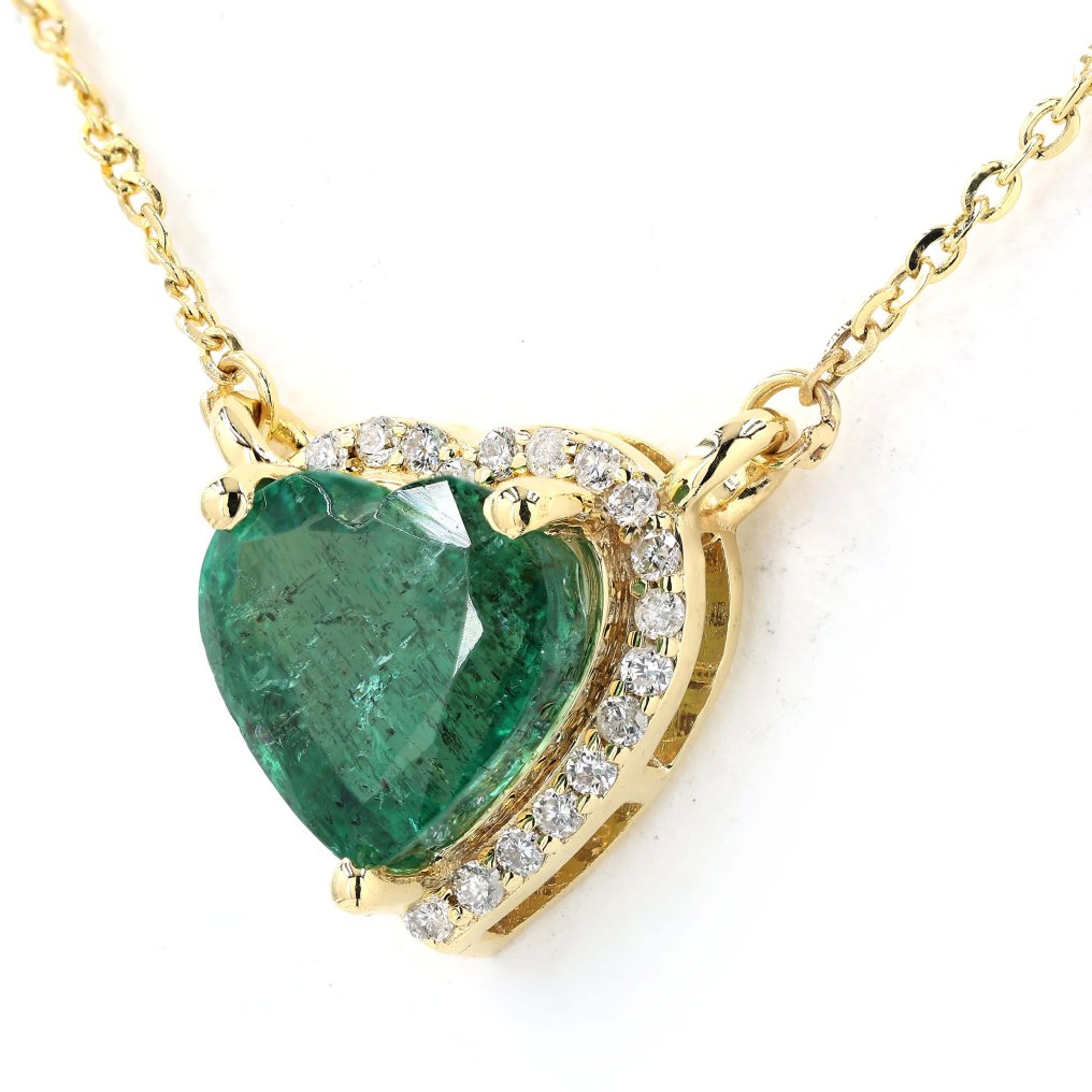 頸鏈 - 14 克拉 黃金 -  1.65ct. tw. 祖母綠 - 鉆石 - 心形光环石项链 #2.1