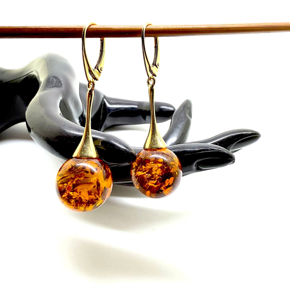 Természetes balti borostyán fülbevalók, Ag925 aranyozott, ø16mm, 8,3g. - Borostyánkő - Succinite - fossilized pine tree resin #2.1