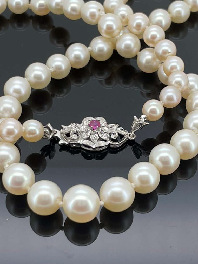 頸鏈 - 18 克拉 白金 珍珠 - 紅寶石 #2.1