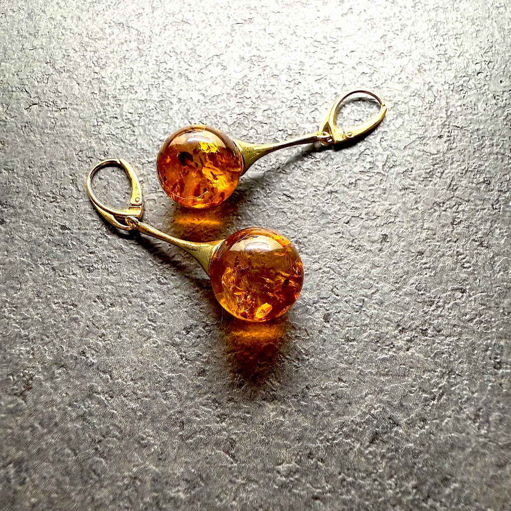 Természetes balti borostyán fülbevalók, Ag925 aranyozott, ø16mm, 8,3g. - Borostyánkő - Succinite - fossilized pine tree resin #4.3