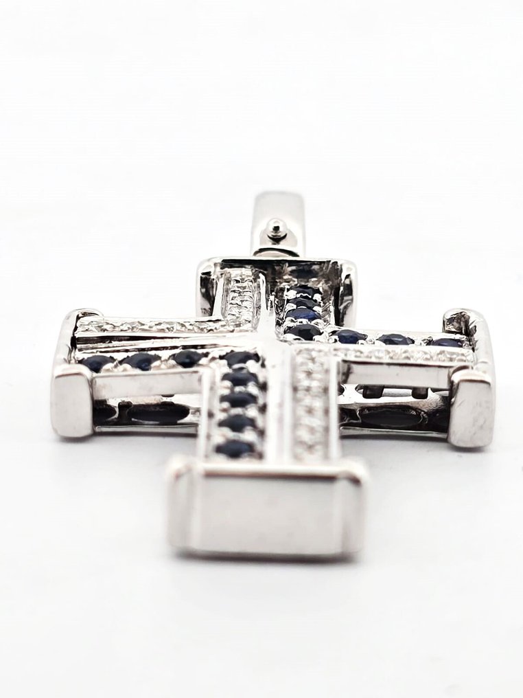 十字架吊坠 - 18K包金 白金 -  0.48ct. tw. 钻石 (天然)  - 蓝宝石 #4.3