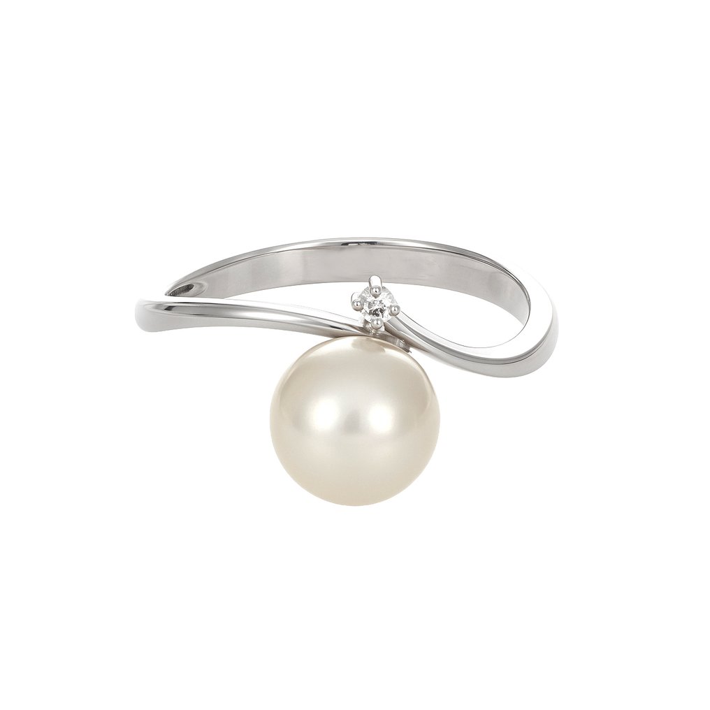 戒指 - 18 克拉 白金 -  0.01ct. tw. 鉆石 (天然)  - 珍珠 #4.3