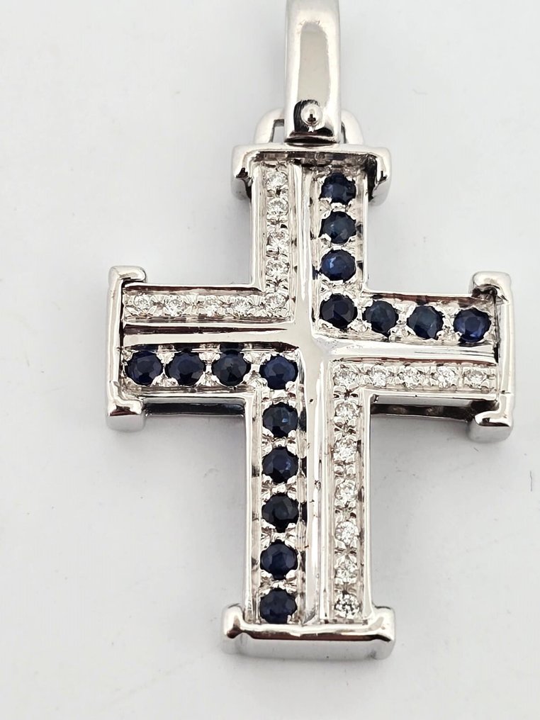 十字架吊坠 - 18K包金 白金 -  0.48ct. tw. 钻石 (天然)  - 蓝宝石 #2.1