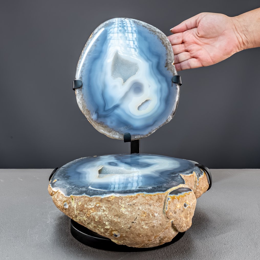 Natural harmony in gray-blue – split agate geode with sparkling druzy on a metal stand on Stand- 8499.65 g #1.0