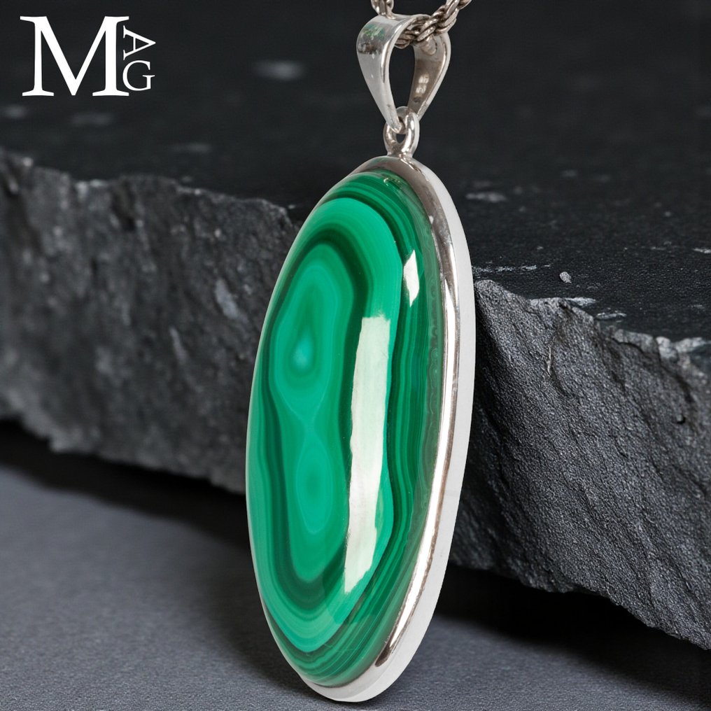 Grande cabochon em forma de lágrima Pingente de prata de lei com malaquita - Altura: 55 mm - Largura: 23 mm- 19 g #3.2