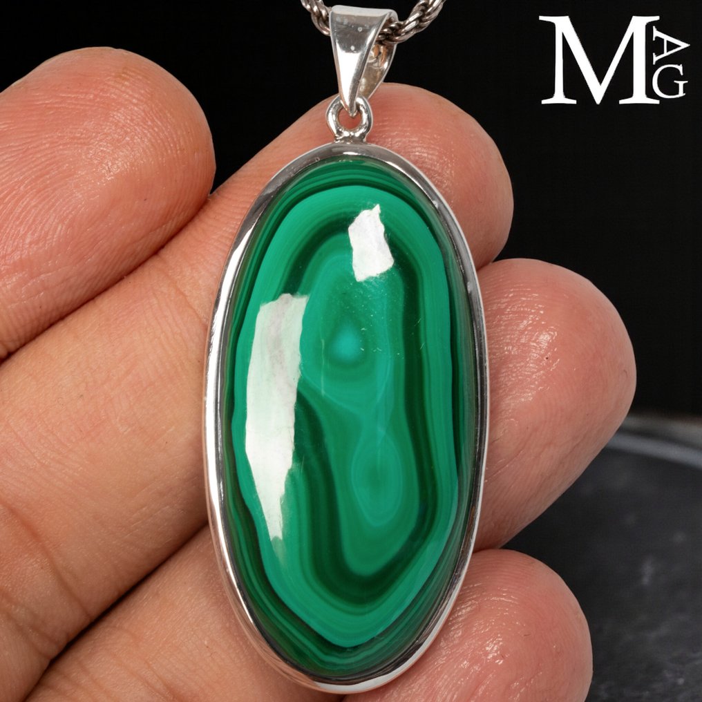 Grande cabochon em forma de lágrima Pingente de prata de lei com malaquita - Altura: 55 mm - Largura: 23 mm- 19 g #1.0
