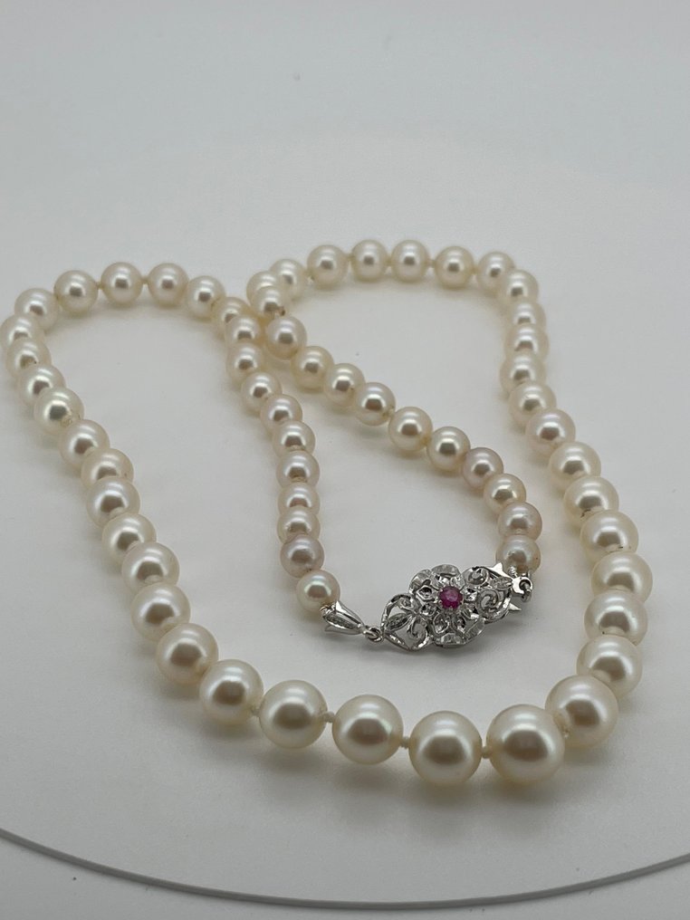 頸鏈 - 18 克拉 白金 珍珠 - 紅寶石 #1.0