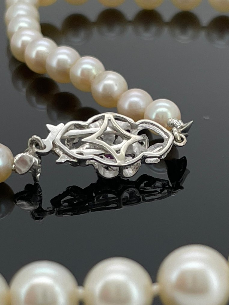 頸鏈 - 18 克拉 白金 珍珠 - 紅寶石 #3.2