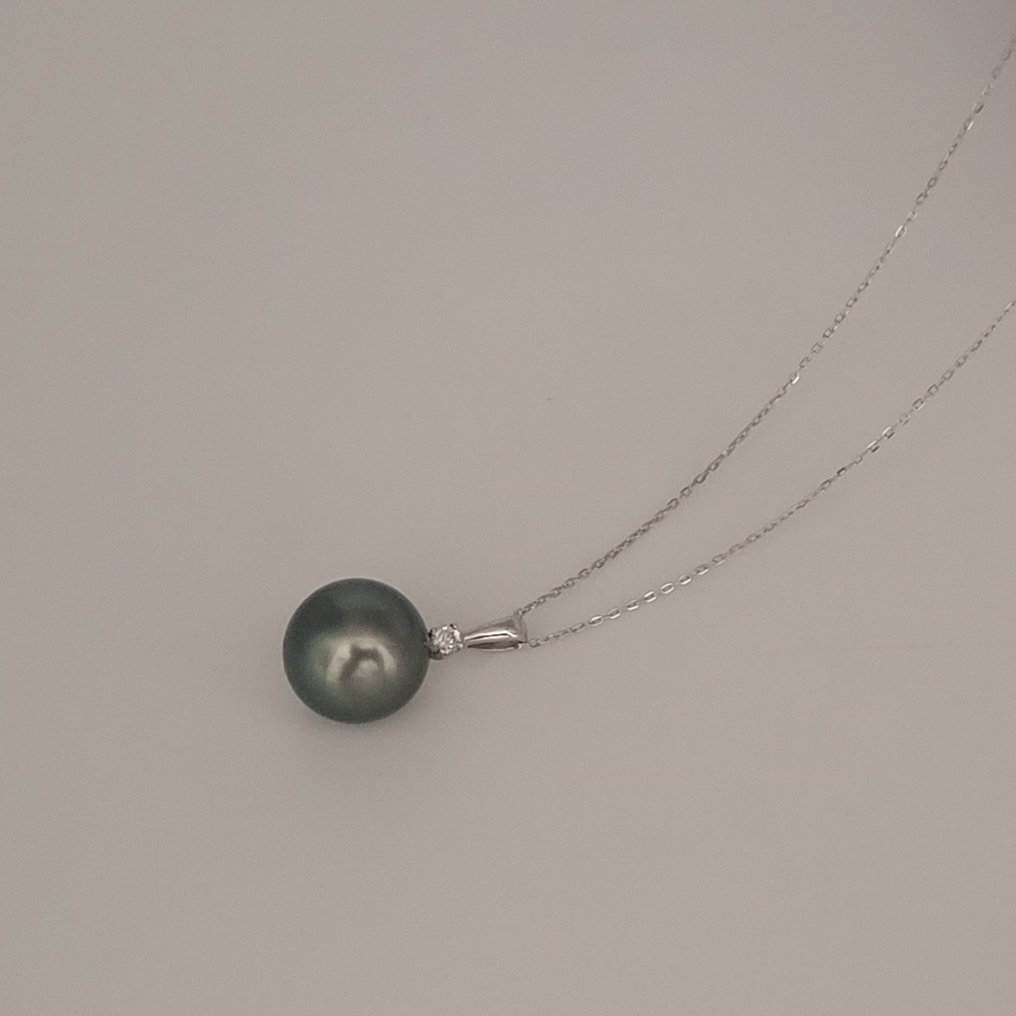 Zonder minimumprijs - Ketting met hanger - 18 karaat Witgoud Parel - Diamant - Tahiti #1.0
