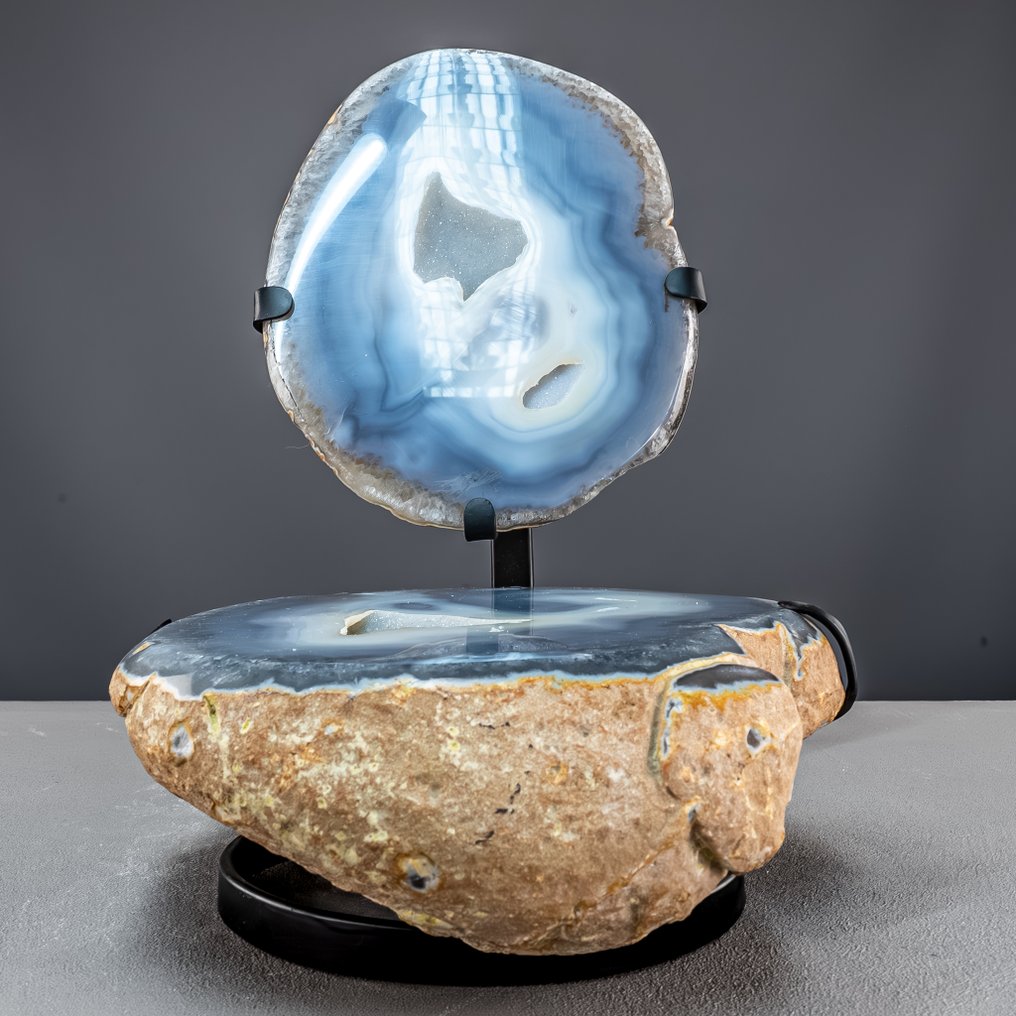 Natural harmony in gray-blue – split agate geode with sparkling druzy on a metal stand on Stand- 8499.65 g #3.2