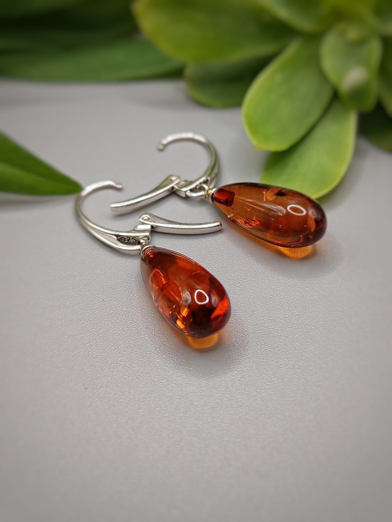 Par de brincos únicos em prata 925 com âmbar báltico cognac de alta qualidade. - Altura: 20 mm - Largura: 10 mm- 4.4 g - (1) #3.2