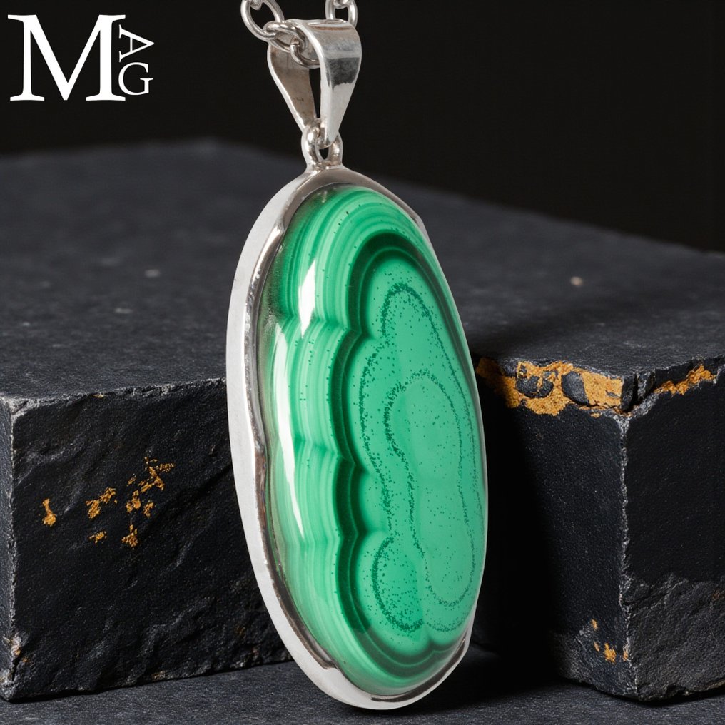 Μεγάλο καρφίτσα σε σχήμα δακρύου Ασημένιο μενταγιόν με μαλαχίτη - Ύψος: 57 mm - Πλάτος: 26 mm- 19 g #2.1