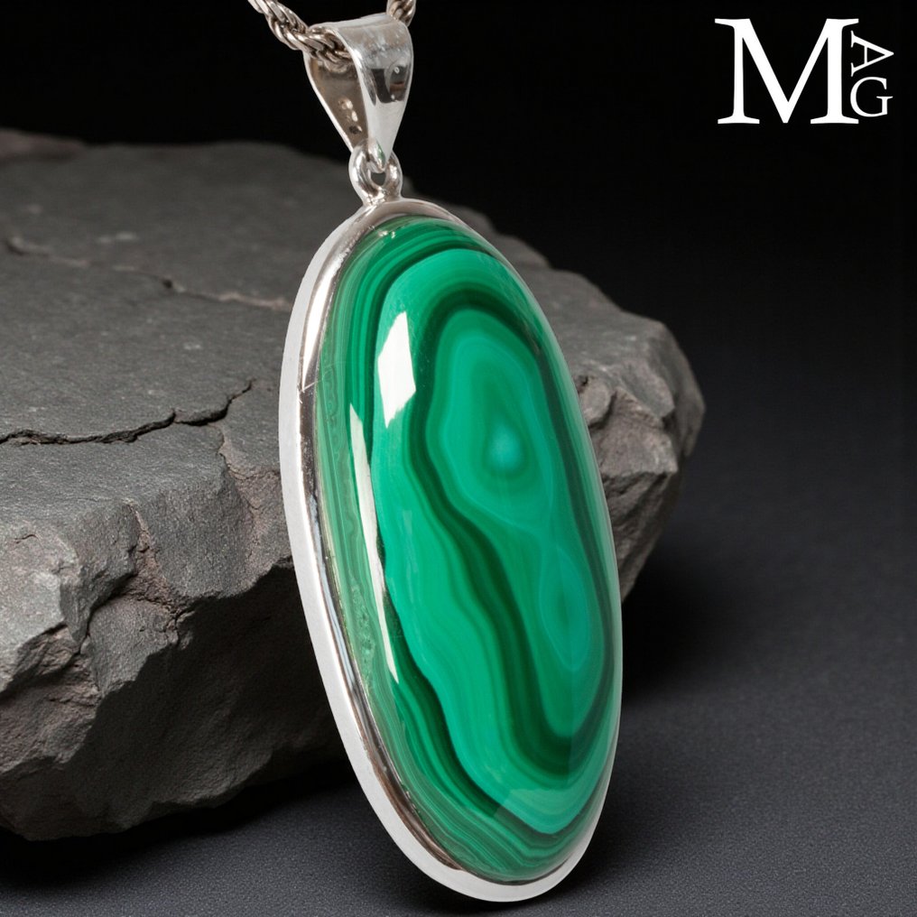 Grande cabochon em forma de lágrima Pingente de prata de lei com malaquita - Altura: 55 mm - Largura: 23 mm- 19 g #2.1