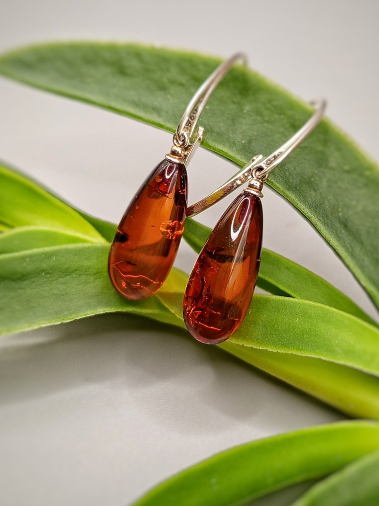 Par de brincos únicos em prata 925 com âmbar báltico cognac de alta qualidade. - Altura: 20 mm - Largura: 10 mm- 4.4 g - (1) #1.0
