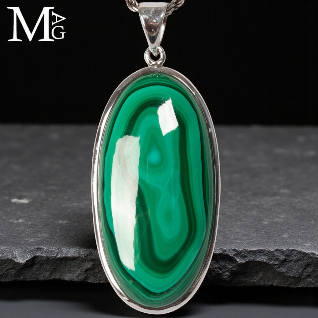 Grande cabochon em forma de lágrima Pingente de prata de lei com malaquita - Altura: 55 mm - Largura: 23 mm- 19 g #1.0