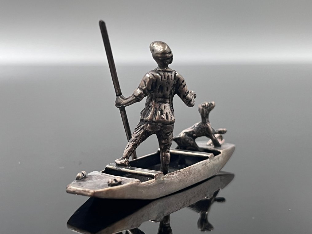 Φιγούρα μινιατούρα - Visser en hond in bootje - .835 silver #1.0