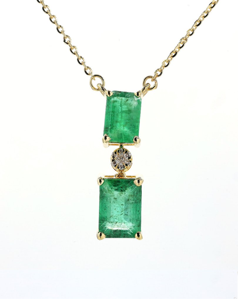 Halsband - 14 kt Gult guld - 1.46ct. tw. Smaragd - Diamant - Två sten drop halsband #1.0