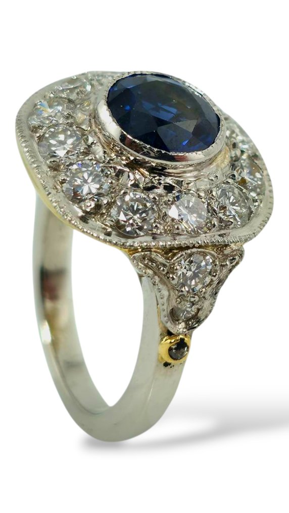 戒指 鉑金, 古董艺术装饰铂金蓝宝石与钻石戒指 1.60克拉 鉆石 (天然) #2.1