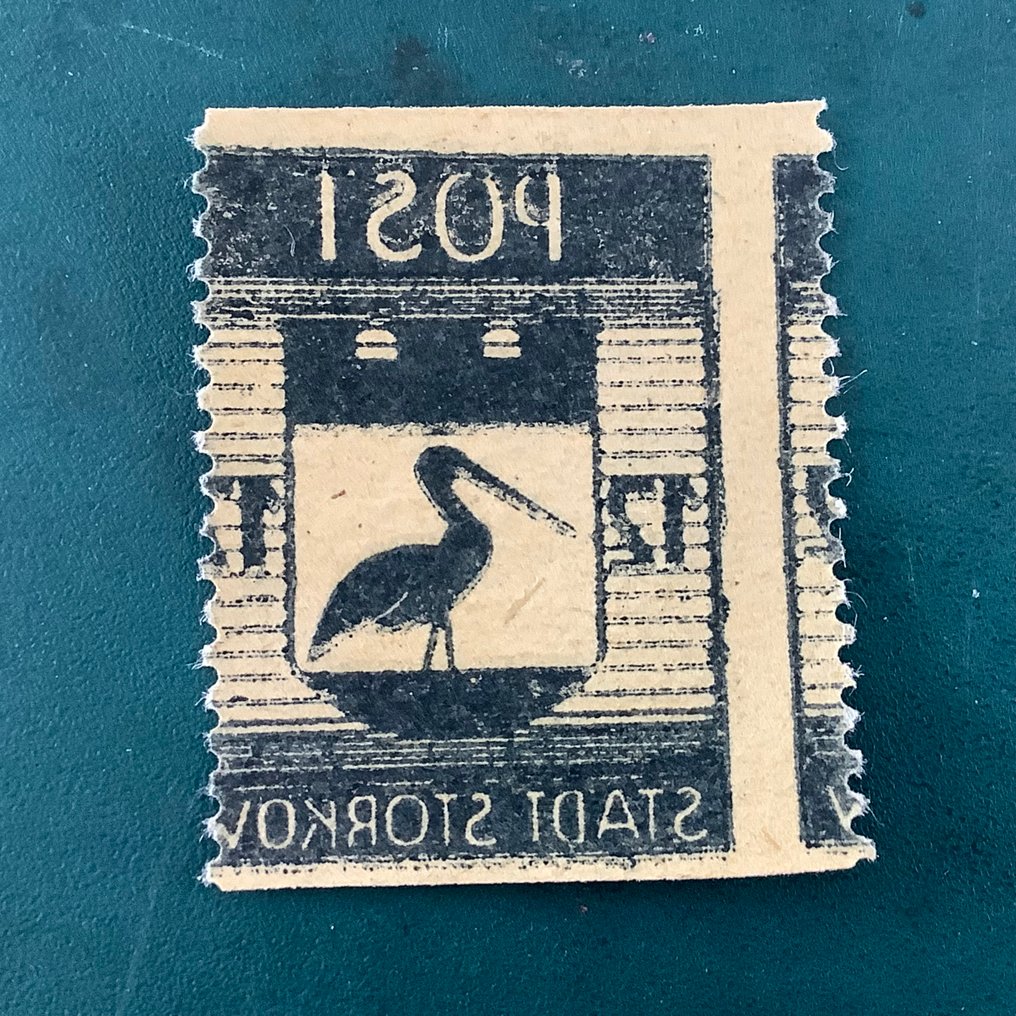 德国 - 本地邮政区 1946 - 斯托尔考：12 Pf 货币，水平未钉，错位的打孔和反转印刷 - Michel 14 AUw #4.3