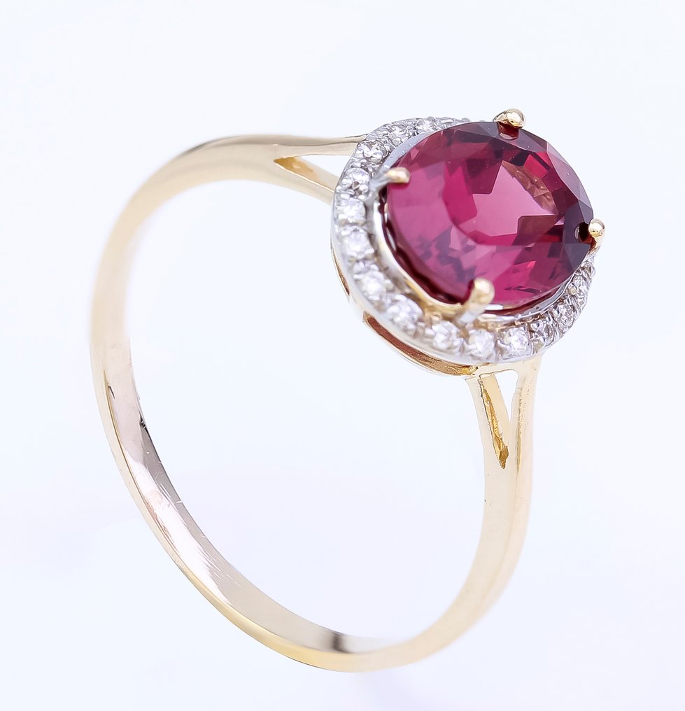 没有保留价 - 戒指 - 14K包金 黄金 石榴石 - 钻石 #1.0