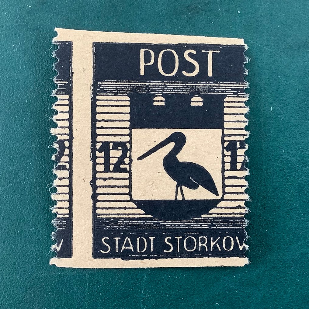 德国 - 本地邮政区 1946 - 斯托尔考：12 Pf 货币，水平未钉，错位的打孔和反转印刷 - Michel 14 AUw #1.0