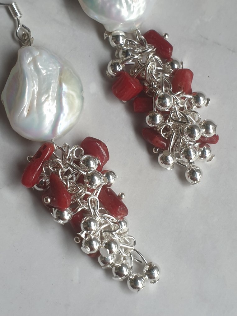 Argent, Corail, Perle - Boucles d'oreilles goutte d'eau #4.3