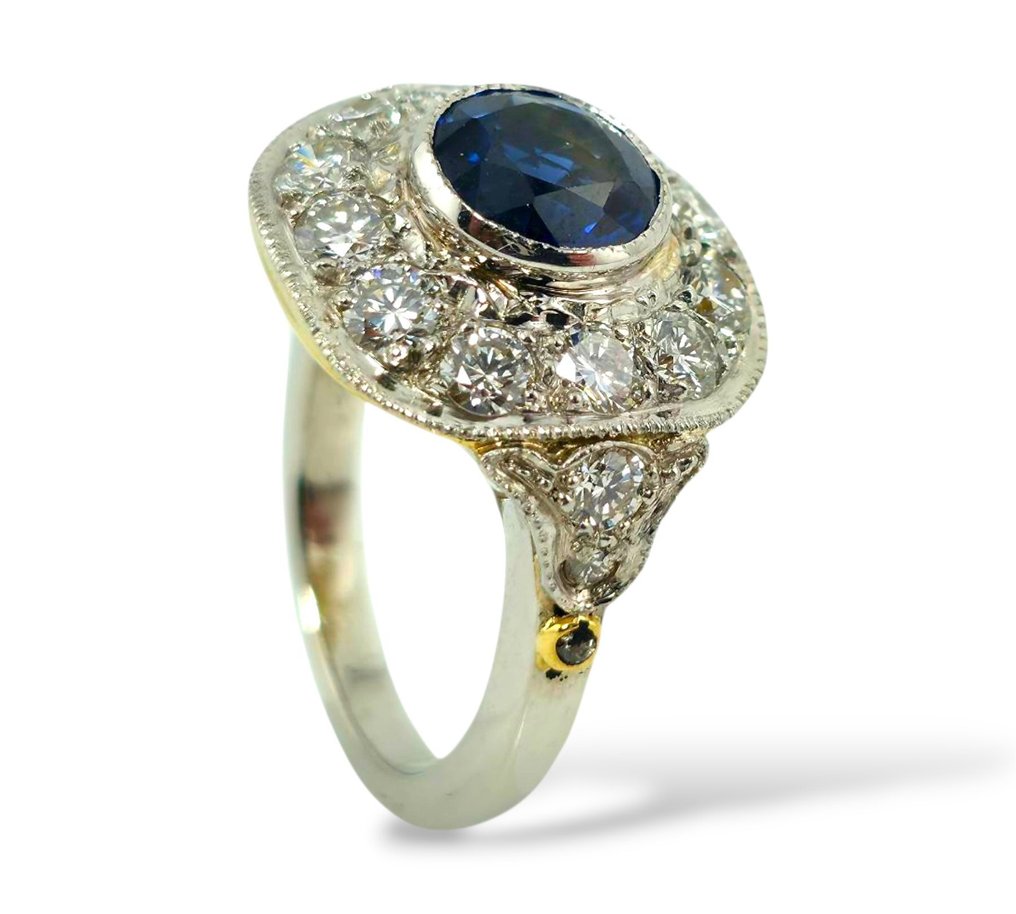 戒指 鉑金, 古董艺术装饰铂金蓝宝石与钻石戒指 1.60克拉 鉆石 (天然) #3.2