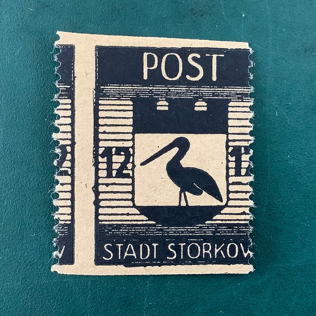 德国 - 本地邮政区 1946 - 斯托尔考：12 Pf 货币，水平未钉，错位的打孔和反转印刷 - Michel 14 AUw #3.2