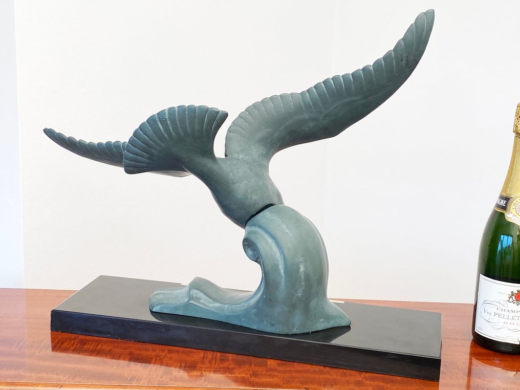 Szobor, big original Art Déco Sculpture "Seagull over the ocean" - 57 cm - Cink (spelter), Ónix - 1930 #3.2