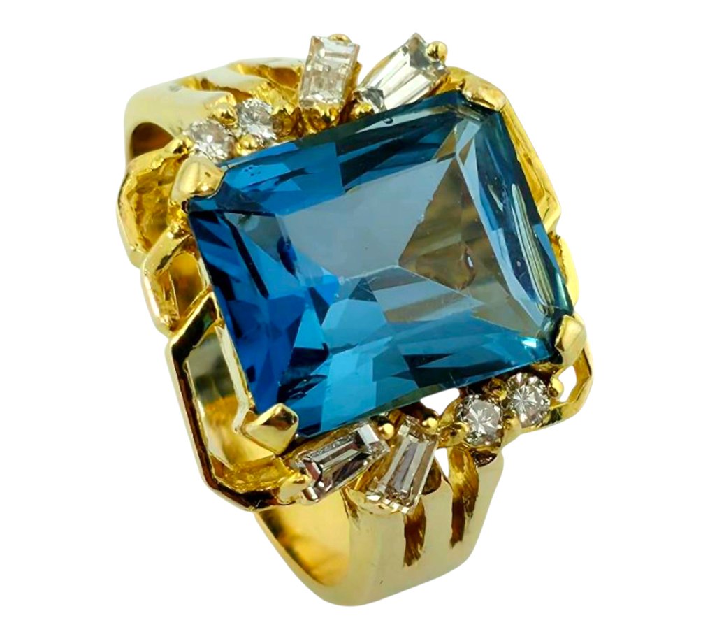 戒指 - 14K包金 黄金, 14k黄金祖母绿切割蓝托帕石配0.44ctw光环钻石鸡尾酒戒指 - 0.20ct. tw. 黄宝石 - 钻石 #3.2