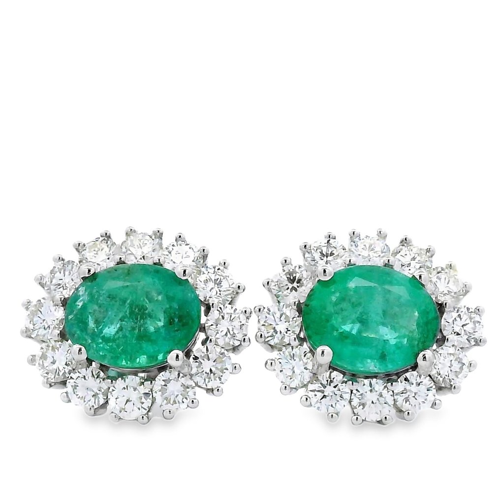 小型钉状耳环 - 18K包金 白金 -  5.81ct. tw. 祖母绿 - 钻石 - 蓝绿色的翡翠 #1.0