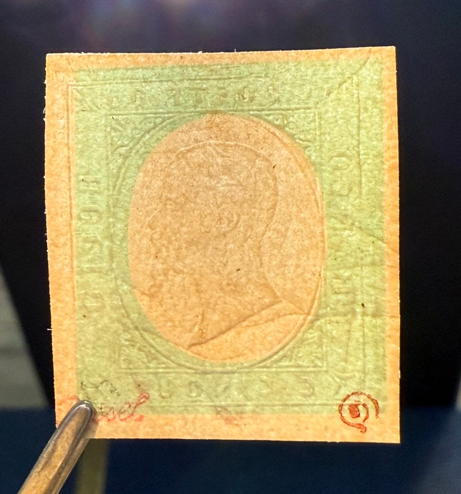 意大利古國－薩丁尼亞 1854 - 未发行的深绿色5分邮票，10年版，配全胶，几乎无痕迹。 - Sassone 10a #3.2